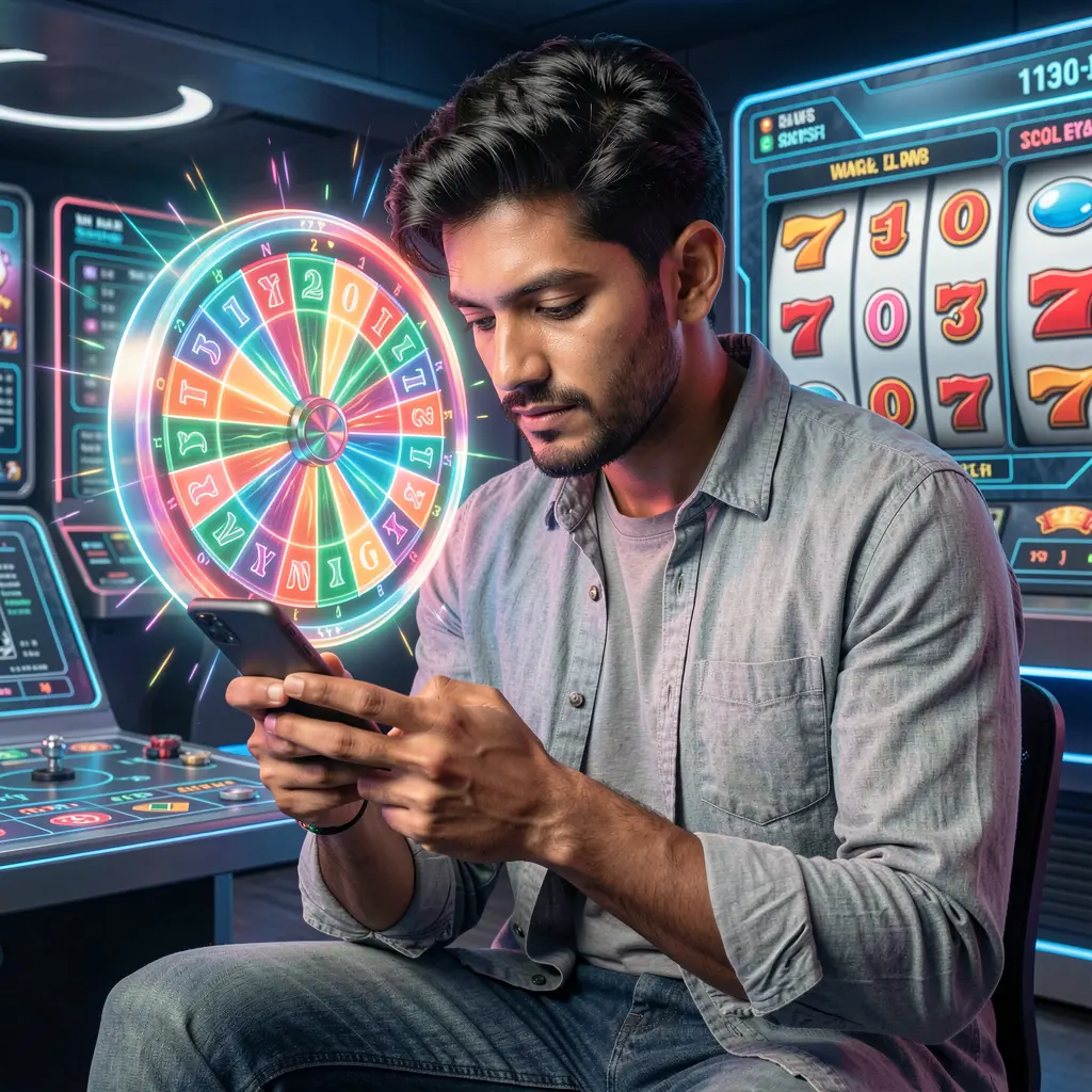 Confident Bangladeshi man using the 74OK casino app with a glowing roulette wheel behind him symbolizing premium mobile gaming
