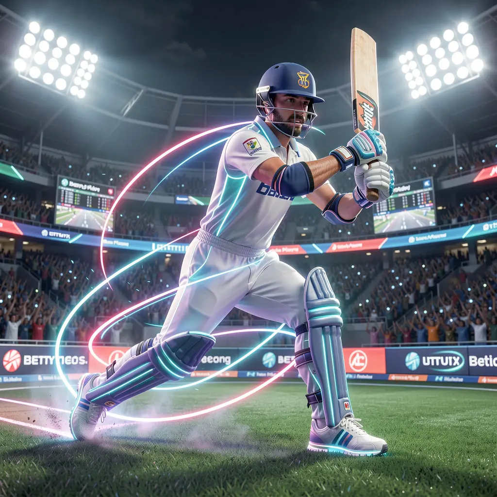 Dynamic neon cricket player running between the wickets with glowing trail effects symbolizing fast betting action on 74OK in Bangladesh