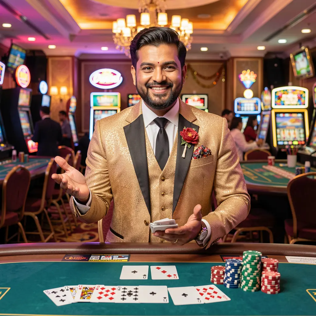 Confident Bangladeshi casino host welcoming players at a vibrant gaming table with cards and chips inside the 74OK casino