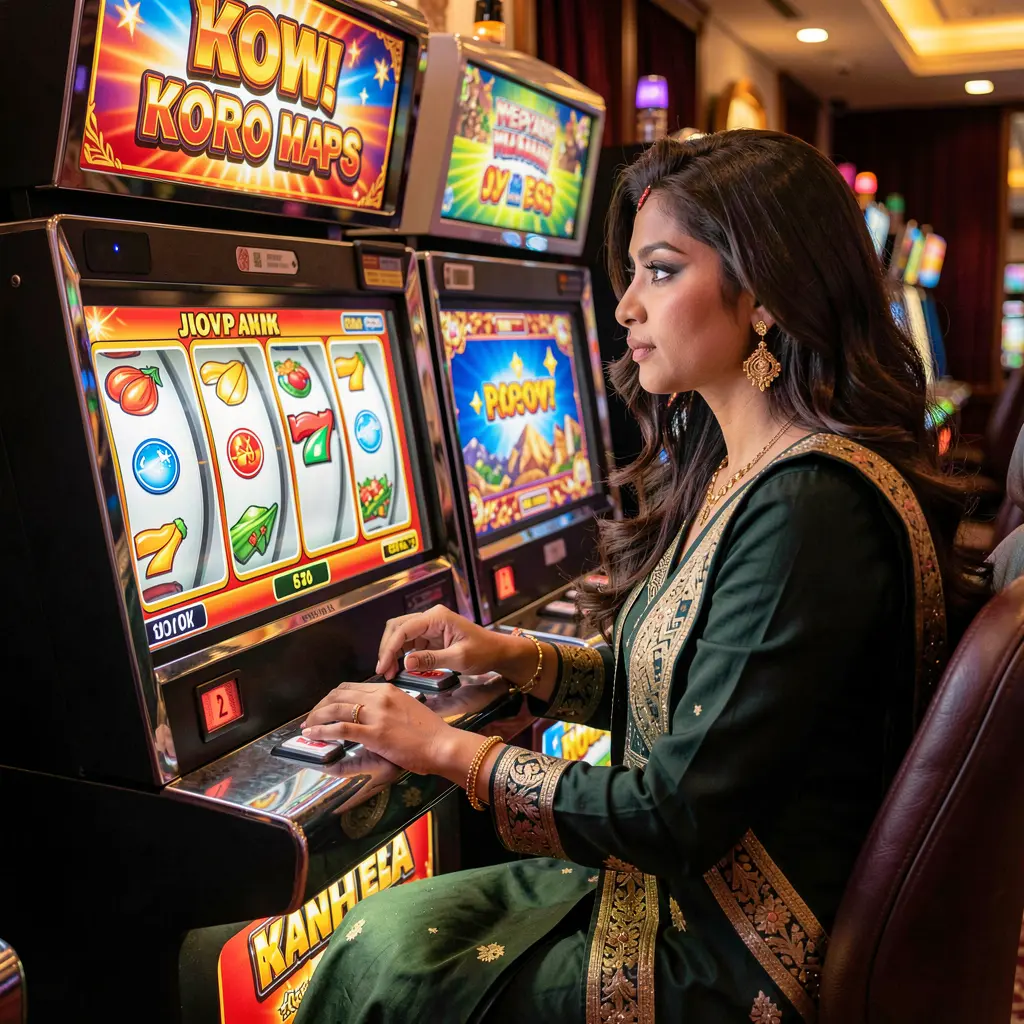 A stylish woman in an orange dress playing a glowing slot machine in a modern casino atmosphere showcasing immersive gameplay at 74OK for Bangladesh